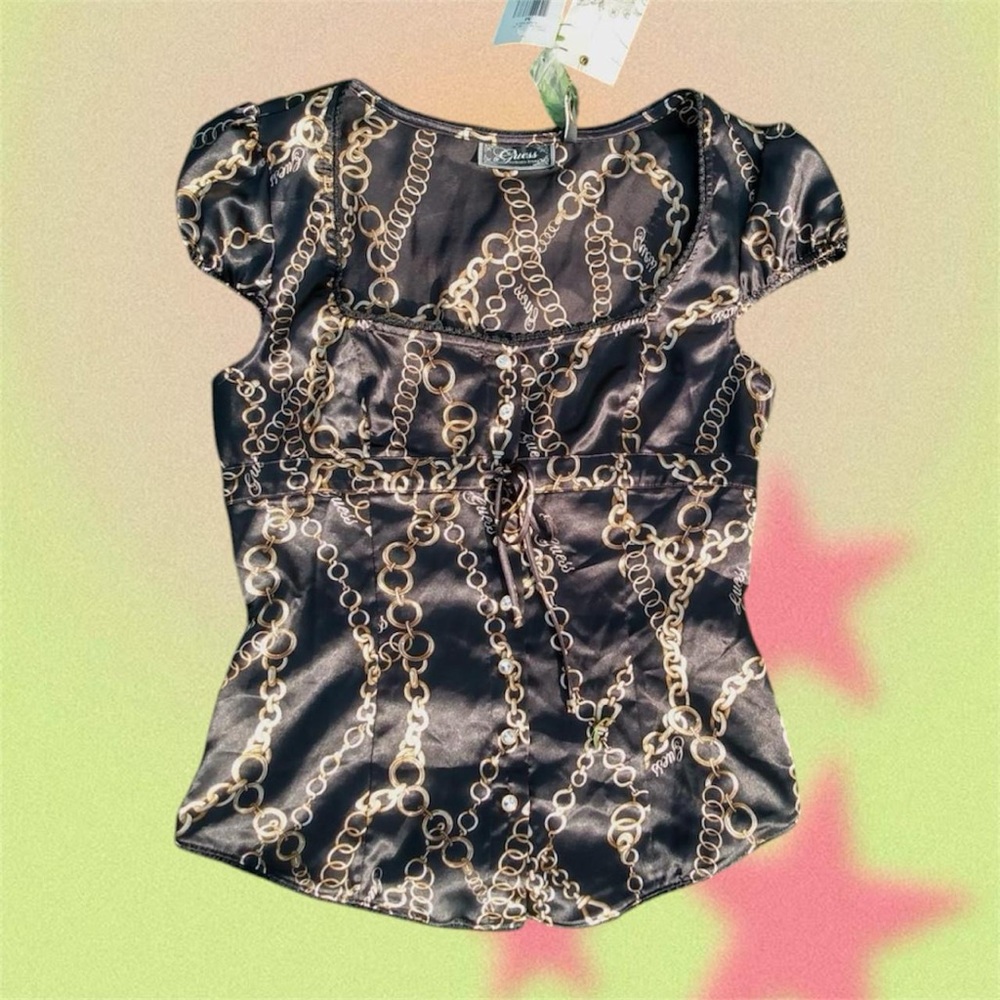 Vintage Guess Black and White Puff Sleeve Fitted Blouse